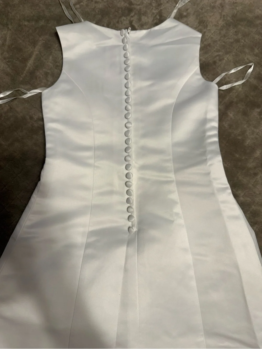 David's Bridal White Satin Flower Girl Dress with Appliqué